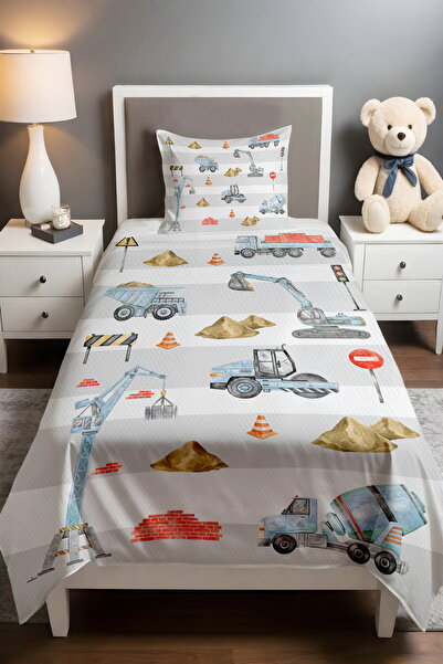 EVPANYA Blue Construction Vehicles Patterned Single Baby Child Pique Set