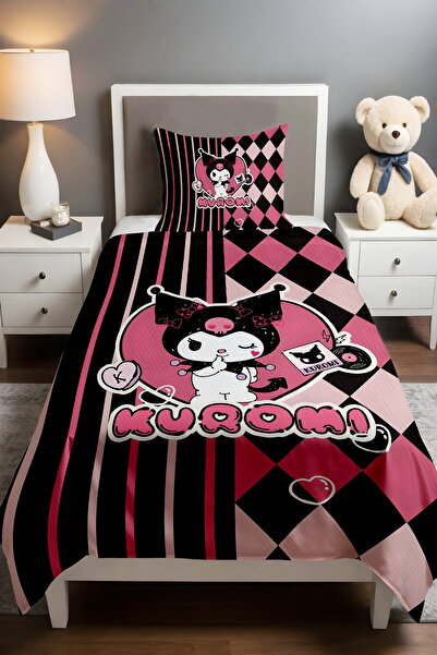 EVPANYA Black Pink Striped Heart Kuromi Patterned Single Baby Kids Pique Set