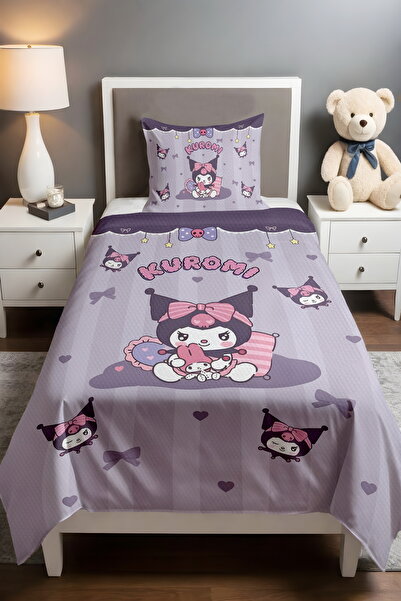 EVPANYA Mor Şeritli Oyuncu Kuromi Desenli Tek Kişilik Bebek Çocuk Pike Seti