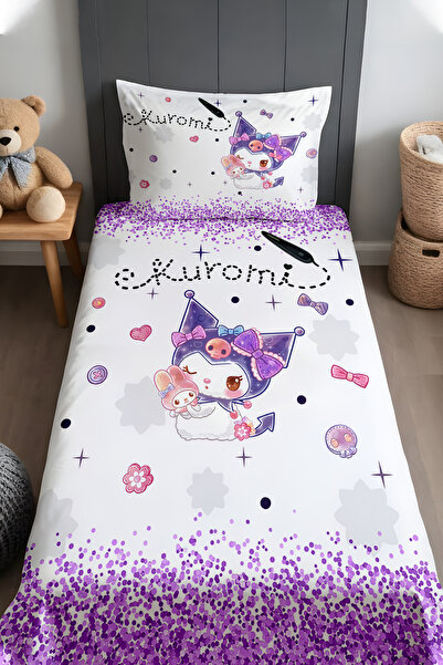 EVPANYA Purple Glitter and Cute Kuromi Patterned Bedspread and Pillowcase