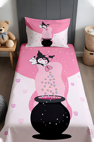 EVPANYA Kuromi ve Sihirli Sevgi Kazanı Desenli Yatak Örtüsü ve Yastık Kılıfı