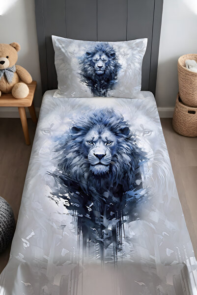 EVPANYA Lacivert Kral Aslan Desenli Yatak Örtüsü ve Yastık Kılıfı