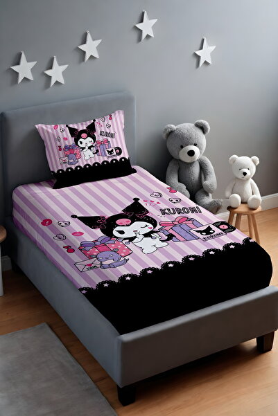 EVPANYA Lila Şeritli Partici Kuromi Desenli Yatak Örtüsü ve Yastık Kılıfı