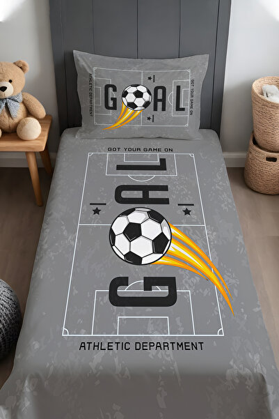 EVPANYA Gri Stadyum Goal Yazılı Desenli Yatak Örtüsü ve Yastık Kılıfı
