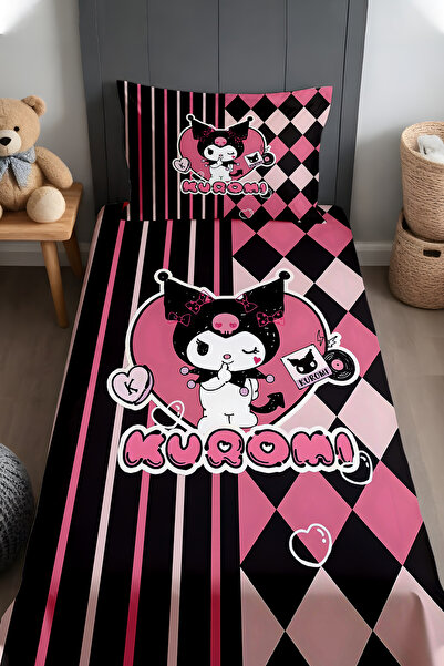 EVPANYA Black Pink Striped Heart Kuromi Patterned Bedspread and Pillowcase