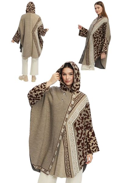 marufshop Women's Large Size Hooded Winter Thick Leopard Print Poncho