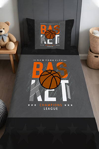 EVPANYA Gri Basketbol Ligi Desenli Yatak Örtüsü ve Yastık Kılıfı