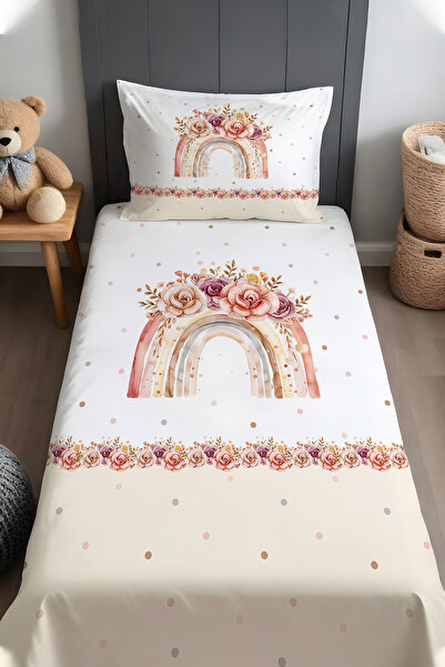 EVPANYA Puantiyeli Güllü Gökkuşağı Desenli Yatak Örtüsü ve Yastık Kılıfı