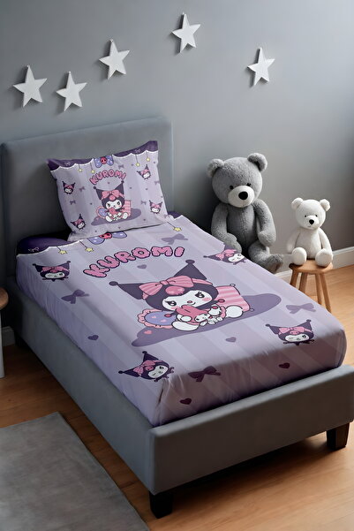 EVPANYA Mor Şeritli Oyuncu Kuromi Desenli Yatak Örtüsü ve Yastık Kılıfı