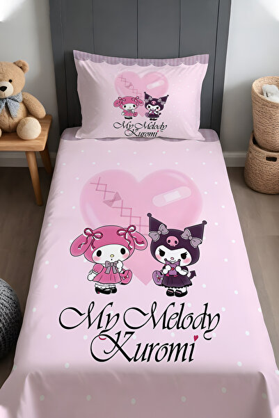 EVPANYA Pembe Puantiyeli My Melody ve Kuromi Desenli Yatak Örtüsü ve Yastık Kılıfı