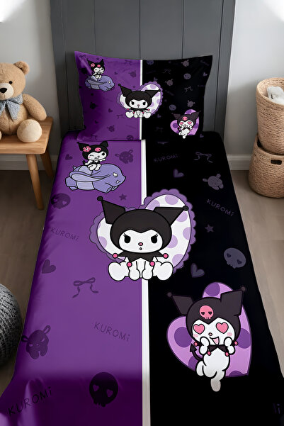 EVPANYA Mor Siyah Tatlı Kuromiler Desenli Yatak Örtüsü ve Yastık Kılıfı