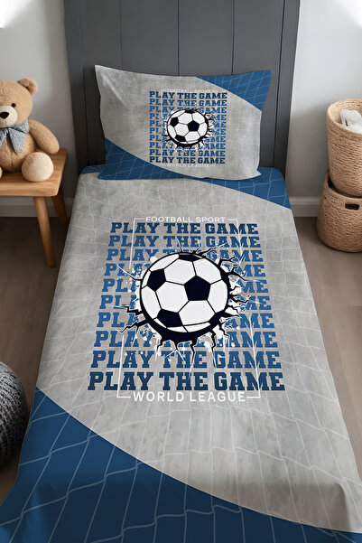 EVPANYA مفرش سرير وغطاء وسادة بنمط دوري كرة القدم باللون الأزرق والرمادي