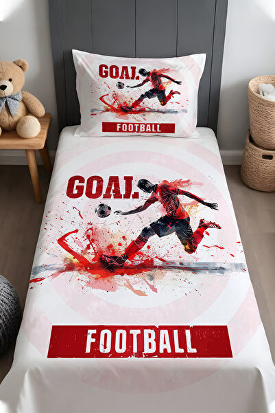EVPANYA Kırmızı Futbolcu  Desenli Yatak Örtüsü ve Yastık Kılıfı