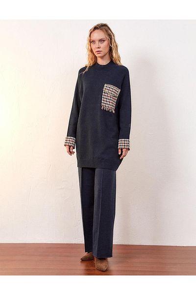 Kayra Half Turtleneck Houndstooth Garnished Knitwear Tunic Stone