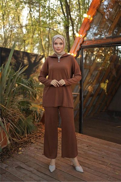 Bwest Zipper Collar Plain Sweat Double Set - (38-46) - 71221 - Brown