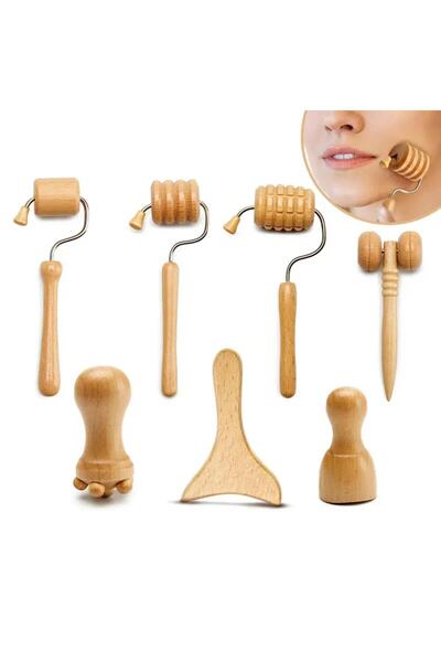 Naturachi Face Yoga Mini Ahşap Yüz Masaj Aparatı & Madero Terapi Guasha 7'li Set