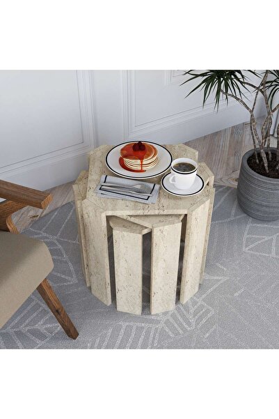 ALONEX HOME Azra Traverten Zigon Sehpa Yan Sehpa 3'lü Sehpa, Ekonomik Sehpa, Modüler Sehpa, Modern Sehpa