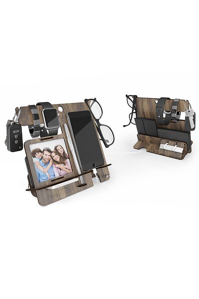 Home Canvas Charging Station Storage Organizer for Multiple Devices Phone, Smart Watch - Walnut