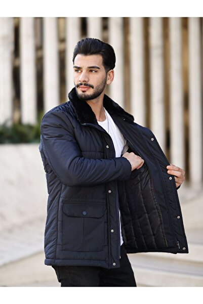 HI MEN Classic Quilted Fur Coat