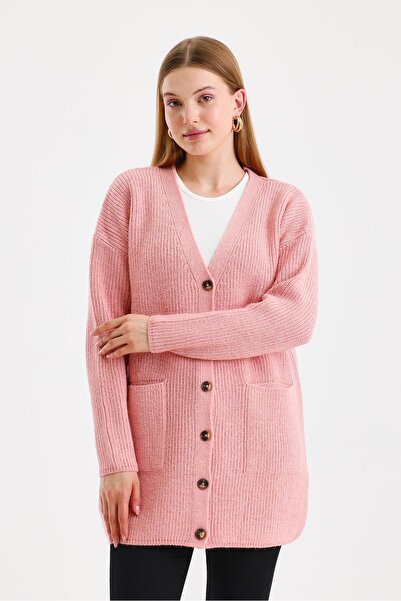 odelon Women's Buttoned Oversize Long Pink Knitwear Cardigan with Pockets