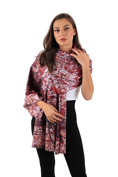 Bursa İpek Cherry Peach Tree Pattern Winter Shawl