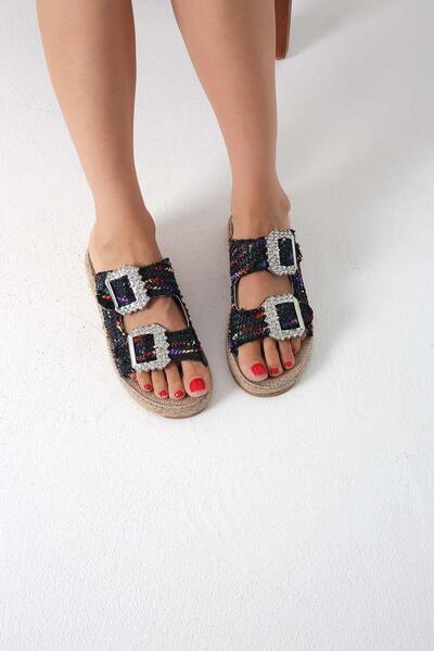 Beyond Women's Black Matte Stone Double Buckle Straw Slippers 5cm Byndmat01