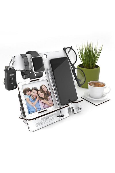 Home Canvas Charging Station Storage Organizer for Multiple Devices Phone, Smart Watch - White