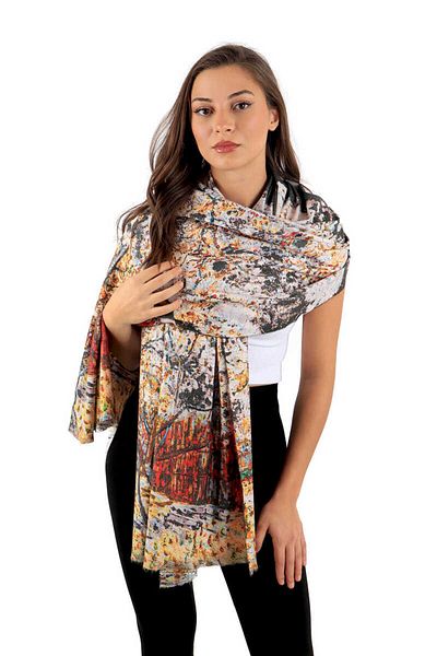 Bursa İpek Red Peach Tree Pattern Winter Shawl