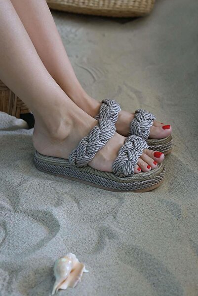 Beyond Γυναικείες ψάθινες παντόφλες με κορδόνι βιζόν με ψηλή σόλα με 2 λουράκια - 5cm Byndh2t01