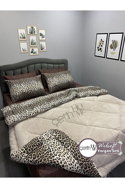Çetinhome Leopard Patterned Double Welsoft Quilt Set