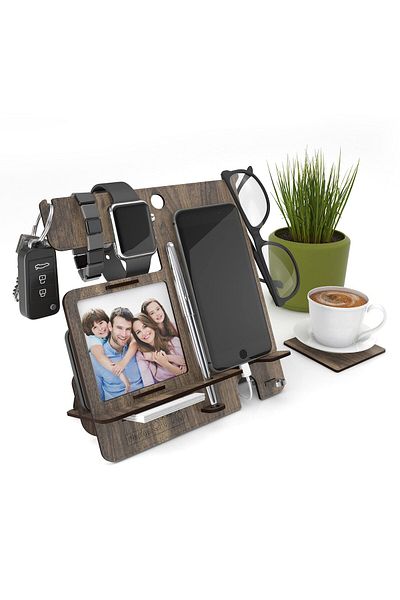 Home Canvas Charging Station Storage Organizer for Multiple Devices Phone, Smart Watch - Walnut