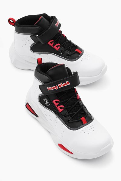 Tonny Black Pantofi de baschet sport unisex, alb, negru, Faylon, cu șireturi din cauciuc și velcro