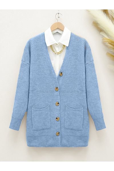 Modamorfo Blue Soft Knit Double Pocket Cardigan