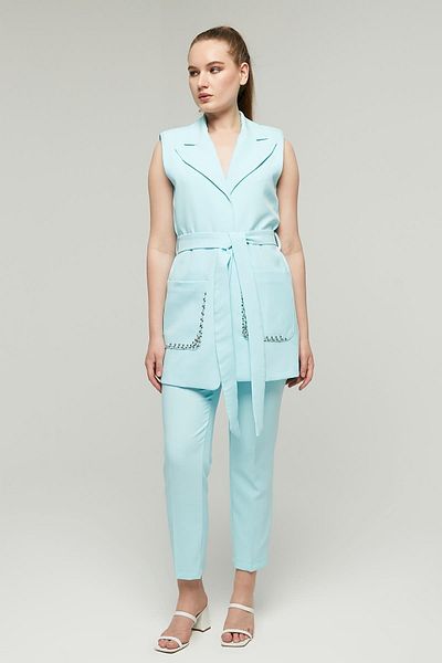 Appleline Stoned Belted Women's Vest and Trousers Set - Turquoise