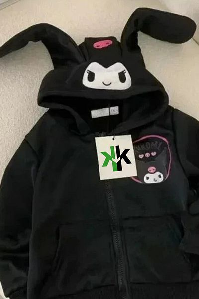 Köstebek Hanorac negru cu glugă, cu fermoar, cu urechi Kuromi