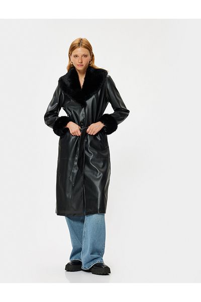 Koton Faux Leather Long Trench Coat with Pockets, Belted Collar and Faux Fur Detail