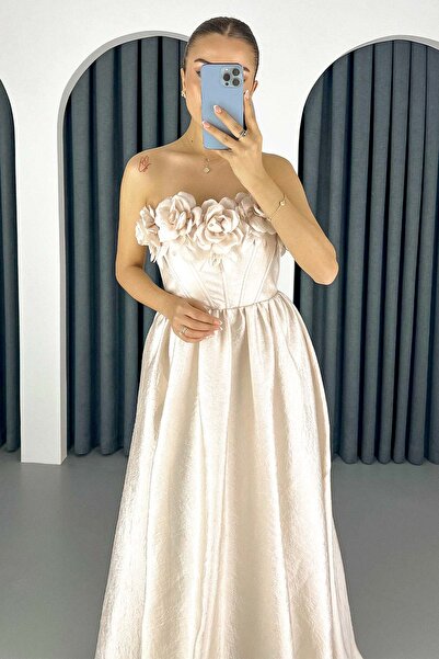 Lafaba Dámské dlouhé večerní šaty s béžovým límcem v růžové barvě