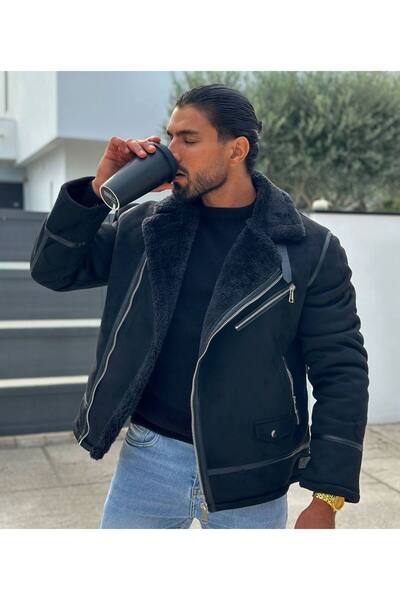 İLKCET MODA Δερμάτινο παλτό με γούνινη ρίγα