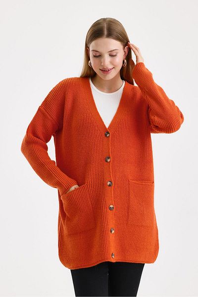 odelon Women's Buttoned Oversize Long Orange Knitwear Cardigan with Pockets