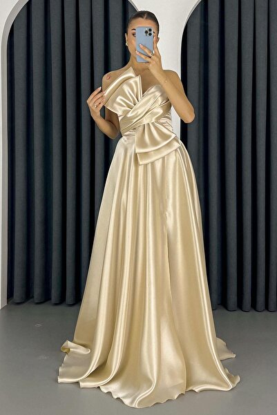 Lafaba Γυναικείο Μπεζ Φιόγκο Λεπτομερές μακρύ βραδινό φόρεμα με σκίσιμο