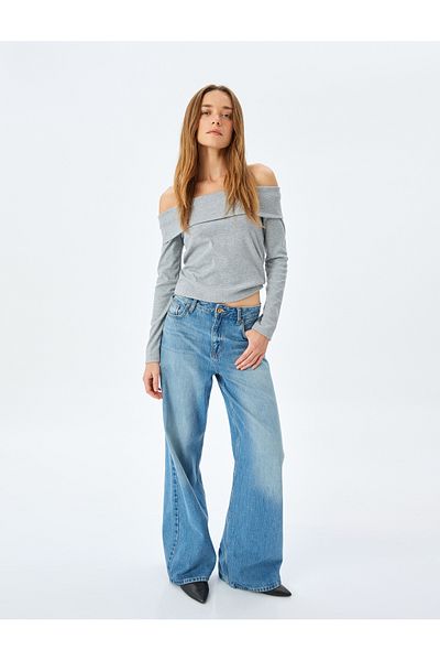 Koton Long Sleeve Off-The-Shoulder Madonna Neck T-Shirt