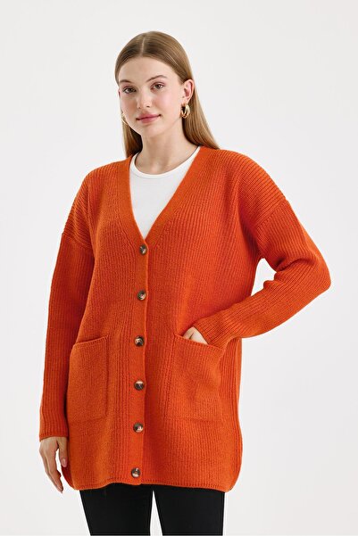 odelon Women's Buttoned Oversize Long Orange Knitwear Cardigan with Pockets
