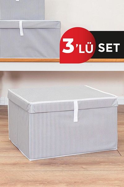 ALAS Σετ 3 Maxi Grey ριγέ κουτιά πολλαπλών χρήσεων