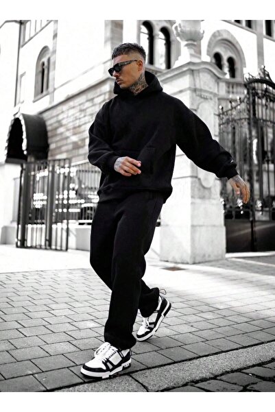 ORLONTEX Men's Black Oversize Hooded Tracksuit Set