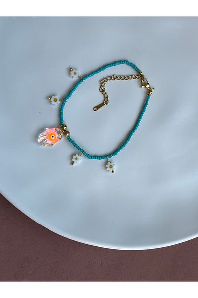 BURÇİN AKSESUAR Daisy Dangle Fatma Mother's Hand Beaded Steel Anklet