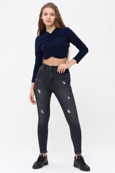 Lazer Detaylı Skinny Jean Kadın Pantolon 1031-252 Siyah