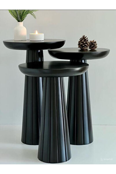 Simillo Home&Living Wood Wooden Siyah Ahşap 3’lü Set Fitilli Mantar Yan Sehpa...