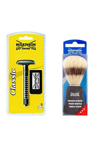 Wilkinson Sword ماكينة حلاقة كلاسيكية، 5 شفرات احتياطية وفرشاة حلاقة