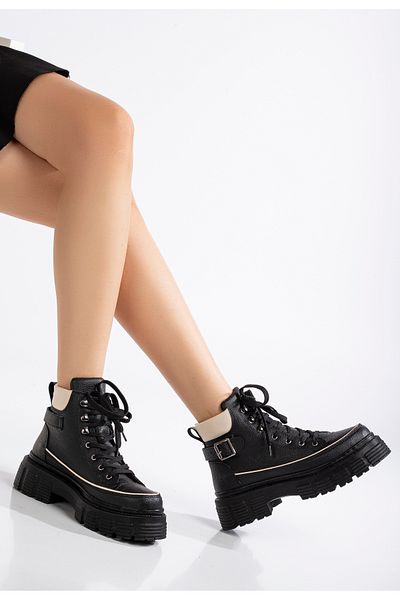 Tonny Black Schwarze Damen-Schnürstiefel mit hoher Polysohle und seitlicher Schnalle
