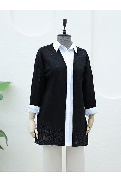 Modamorfo Openwork Patterned Black Cardigan